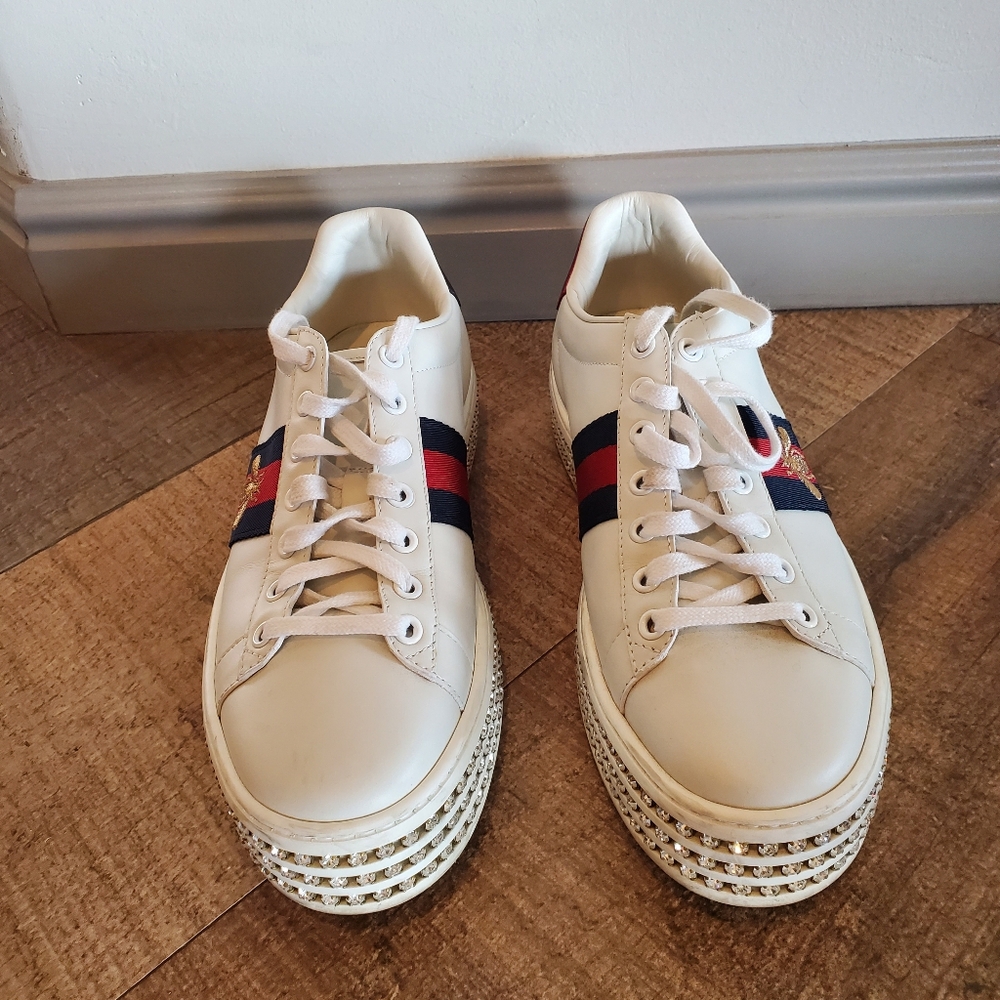 GUCCI ACE PLATFORM TRAINERS WITH CRYSTALS * SZ 37.5 GREAT CONDITION